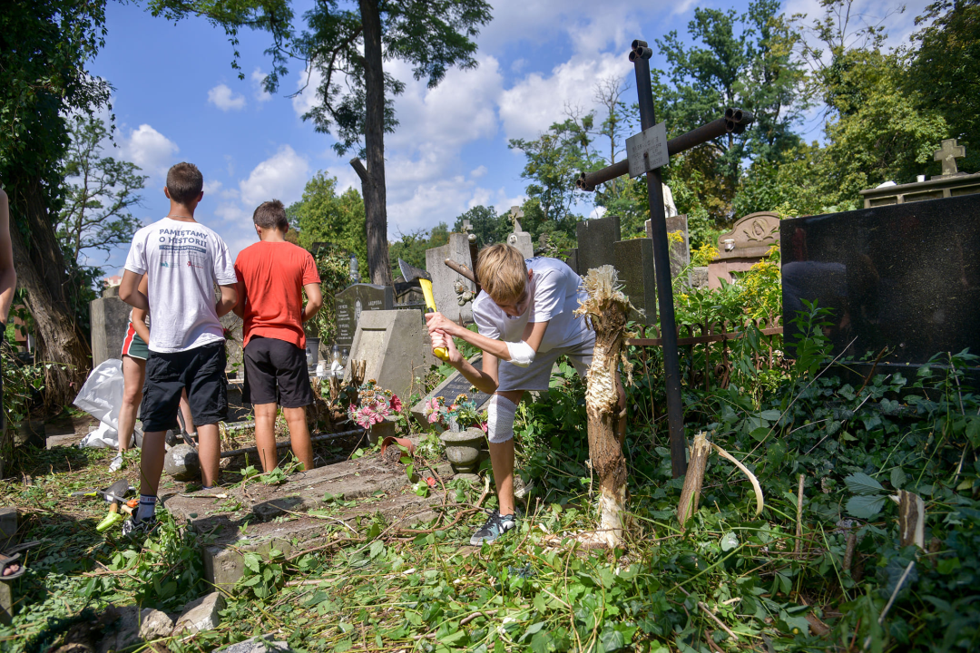 Fotografia przedstawiająca Prace porządkowe na cmentarzu Janowskim we Lwowie