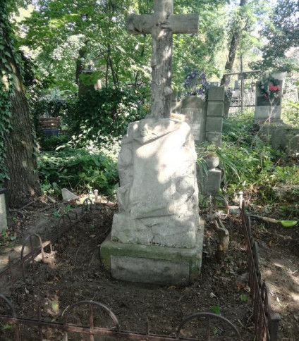 Zniszczony kamienny grób z krzyżem na szczycie, otoczony prostym metalowym ogrodzeniem, znajdujący się na cmentarzu Janowskim we Lwowie. Teren jest zarośnięty zielenią, w tle widoczne są inne groby.