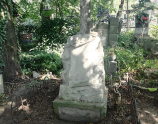 Zniszczony kamienny grób z krzyżem na szczycie, otoczony prostym metalowym ogrodzeniem, znajdujący się na cmentarzu Janowskim we Lwowie. Teren jest zarośnięty zielenią, w tle widoczne są inne groby.