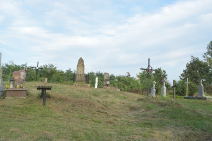 Widok polskiego cmentarza w Krakowcu na Ukrainie, z różnymi nagrobkami i krzyżami na trawiastym terenie pod czystym niebem.