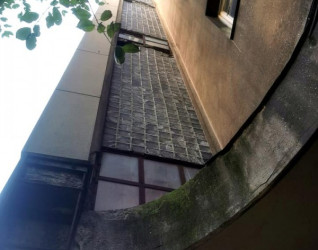 Widok od dołu na budynek Izby Notarialnej we Lwowie, ukazujący modernistyczną architekturę z zakrzywioną fasadą, szklanymi blokami i oknami. Liście częściowo kadrują górny lewy róg.