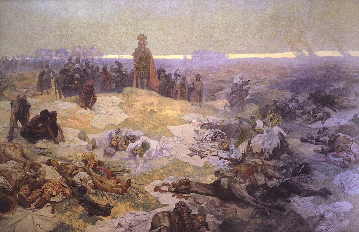 Fotografia przedstawiająca „Słowiańska epopeja” i „Bitwa pod Grunwaldem” Alfonsa Muchy
