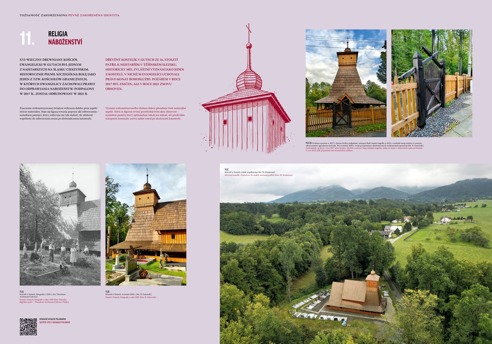 Collage of images related to Corpus Christi Church in Guty. Includes historical and modern photos of the wooden church, a drawing of the church, and a view of the surrounding landscape.