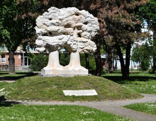 Pomnik Przyjaźni Polsko-Węgierskiej w Győr, przedstawiający dwa splecione dęby, symbolizujące głęboko zakorzenioną relację między Polską a Węgrami. Otoczony zielenią i tablicą z napisami.