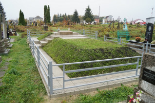 Grób powstańców styczniowych na cmentarzu w Radziwiłłowie, otoczony metalowym ogrodzeniem. Grób pokryty trawą, z kamienną płytą u wezgłowia. W tle widoczne inne groby i drzewa.