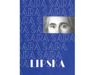 Okładka książki 'Sara Lipska' z niebieskim tłem, na którym powtarza się imię 'Sara' oraz czarno-białe zdjęcie oczu kobiety.
