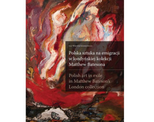 Okładka książki 'Polska sztuka na emigracji w londyńskiej kolekcji Matthew Batesona' autorstwa Jana Wiktora Sienkiewicza, przedstawiająca abstrakcyjny obraz w tonacjach czerwieni, bieli i brązu.