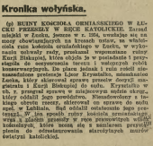Newspaper clipping titled 'Volhynian Chronicle' discussing the ruins of the Armenian church in Lutsk, mentioning a court case and plans for restoration by church authorities.