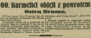 Wycinanka z gazety z nagłówkiem 'OO. Karmelici objęli z powrotem Ostrą Bramę'. Tekst opisuje uroczystość przekazania Ostrej Bramy oo. Karmelitom w Wilnie.
