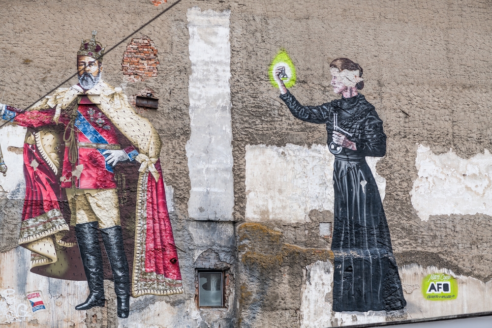 Photo showing Mural with Marie Skłodowska-Curie in the centre of Olomouc