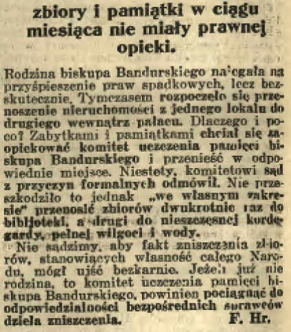 Fragment gazety omawiający brak prawnej ochrony zbiorów biskupa Bandurskiego w Wilnie, wspominający o ryzyku zniszczeń spowodowanych powodzią i zaniedbaniem.