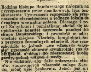 Fragment gazety omawiający brak prawnej ochrony zbiorów biskupa Bandurskiego w Wilnie, wspominający o ryzyku zniszczeń spowodowanych powodzią i zaniedbaniem.