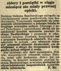 Newspaper excerpt discussing the lack of legal protection for Bishop Bandurski's collections in Vilnius, mentioning the risk of damage from flooding and neglect.