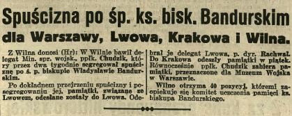 Newspaper clipping from 1936 detailing the distribution of Bishop Bandurski's legacy to Warsaw, Lviv, Krakow, and Vilnius. The text describes the allocation of memorabilia to these cities.
