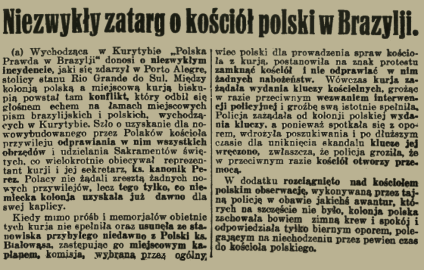 Artykuł prasowy z 1936 roku omawiający zatarg dotyczący polskiego kościoła w Porto Alegre, Brazylia. Wspomniano o usunięciu księdza Białowąsa i żądaniu wydania kluczy do kościoła.