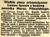 Découpe de journal de 'Ilustrowany Kurier Codzienny', Cracovie 1936, détaillant les plans urbains pour le monument du maréchal Piłsudski à Lviv, y compris les coûts et la conversion en parc.