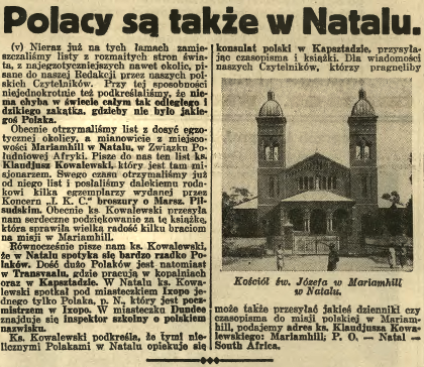 Fotografia kościoła św. Józefa w Mariamhill, Natal, Związek Południowej Afryki, z 1936 roku. Kościół ma dwie wysokie wieże z ostrymi dachami i centralne wejście. Na pierwszym planie widoczne są drzewa i ogrodzenie.