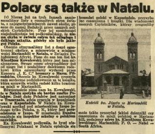 Fotografia kościoła św. Józefa w Mariamhill, Natal, Związek Południowej Afryki, z 1936 roku. Kościół ma dwie wysokie wieże z ostrymi dachami i centralne wejście. Na pierwszym planie widoczne są drzewa i ogrodzenie.