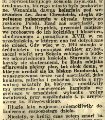 Artykuł prasowy zatytułowany 'Kościół-pomnik ks. bisk. Bandurskiego w Sokalu' z 'Ilustrowanego Kuriera Codziennego', Kraków 1936. Tekst omawia starania biskupa Bandurskiego o budowę kościoła w Sokalu.