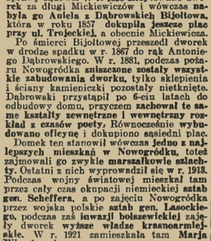 Wycinanka prasowa z 1936 roku zatytułowana 'Dworek Mickiewiczowski w Nowogródku' omawiająca historię i plany muzeum w dworku Adama Mickiewicza w Nowogródku.
