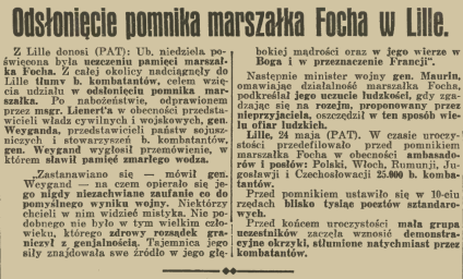 Nota prasowa z 'Ilustrowanego Kuriera Codziennego' o odsłonięciu pomnika marszałka Focha w Lille, 1936. Opisuje uroczystość z udziałem ambasadorów i weteranów oraz defiladę 25 tys. kombatantów.