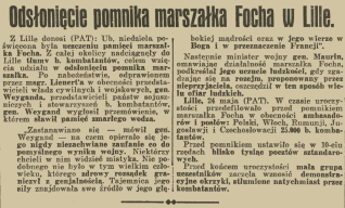 Nota prasowa z 'Ilustrowanego Kuriera Codziennego' o odsłonięciu pomnika marszałka Focha w Lille, 1936. Opisuje uroczystość z udziałem ambasadorów i weteranów oraz defiladę 25 tys. kombatantów.