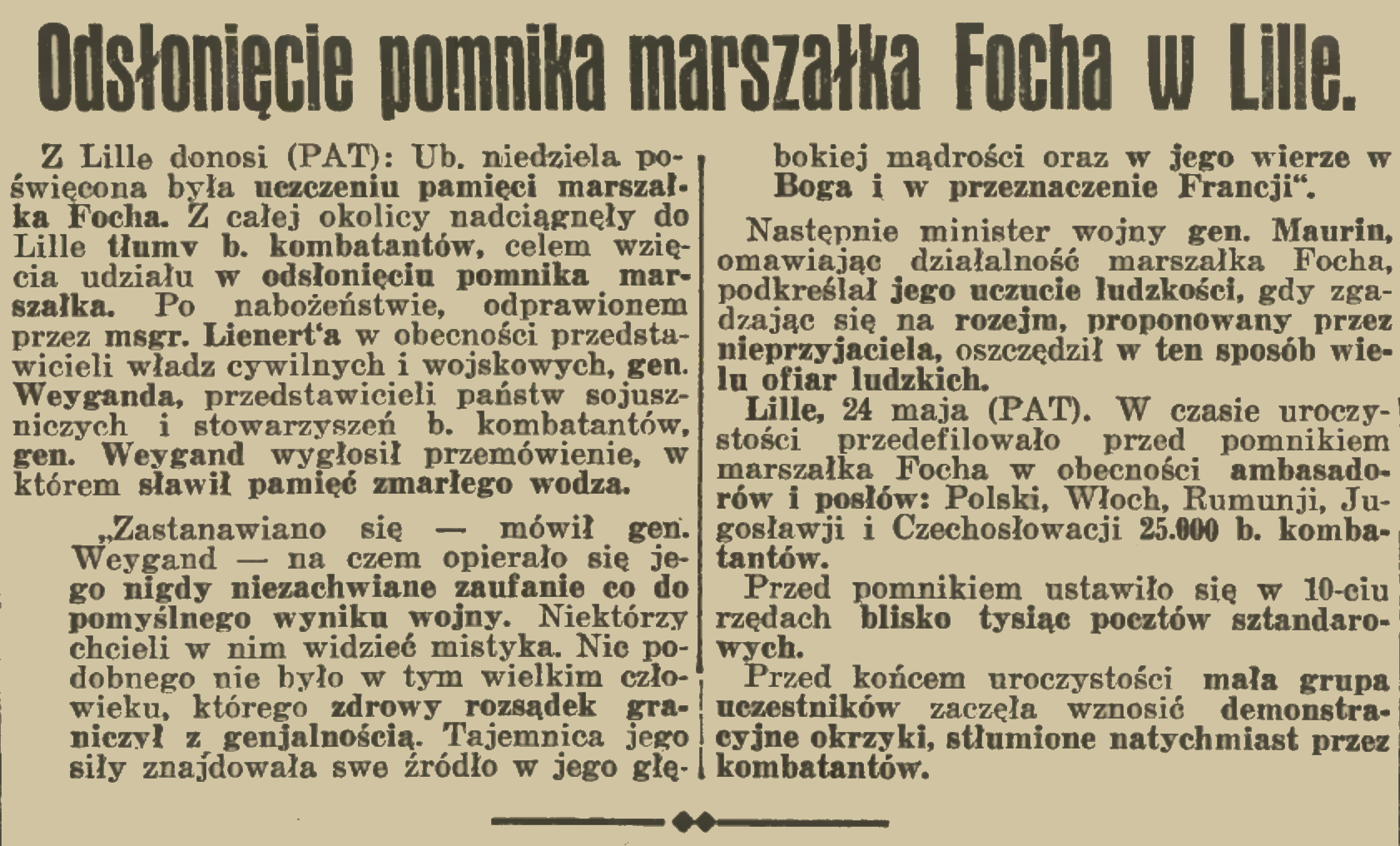 Прес-реліз з 'Ilustrowany Kurier Codzienny' про відкриття пам'ятника маршалу Фошу в Ліллі, 1936 рік. Описує церемонію за участю послів і ветеранів, з парадом 25 000 комбатантів.