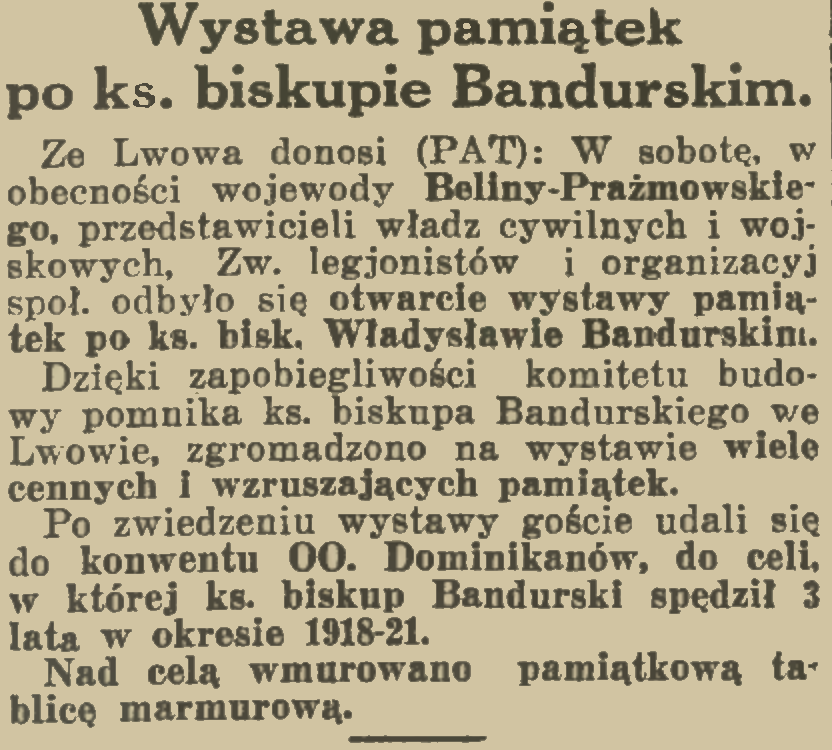 Extrait de journal de 1936 décrivant l'ouverture d'une exposition à Lviv dédiée à l'évêque Wladyslaw Bandurski, mentionnant une plaque commémorative au-dessus de la cellule où il a été emprisonné de 1918 à 1921.