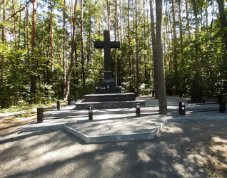 Duży czarny krzyż otoczony drzewami, upamiętniający polskie ofiary Ukraińskiej Powstańczej Armii w Janowej Dolinie.