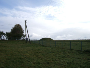 Duża trawiasta mogiła otoczona metalowym ogrodzeniem, w tle linie energetyczne i drzewa pod pochmurnym niebem.