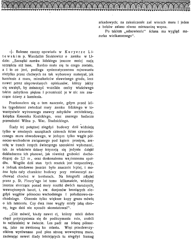 Сторінка з ілюстрованого тижневика 'Ziemia' 1910 року, з статтею про руїни замку в Ліді, включаючи текст, що описує пошкодження, спричинені місцевими жителями, які крадуть каміння.