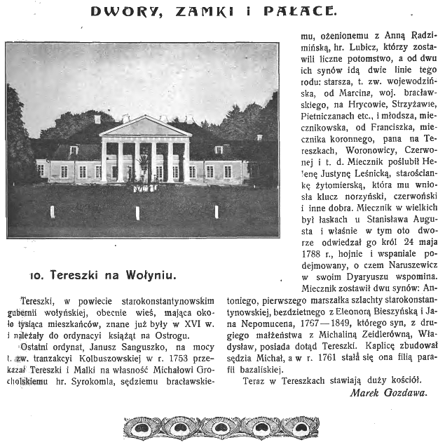 Black and white photograph of a neoclassical building with columns, surrounded by trees. The text describes the history of Tereszki village in Volhynia, mentioning its past ownership and the construction of a church.