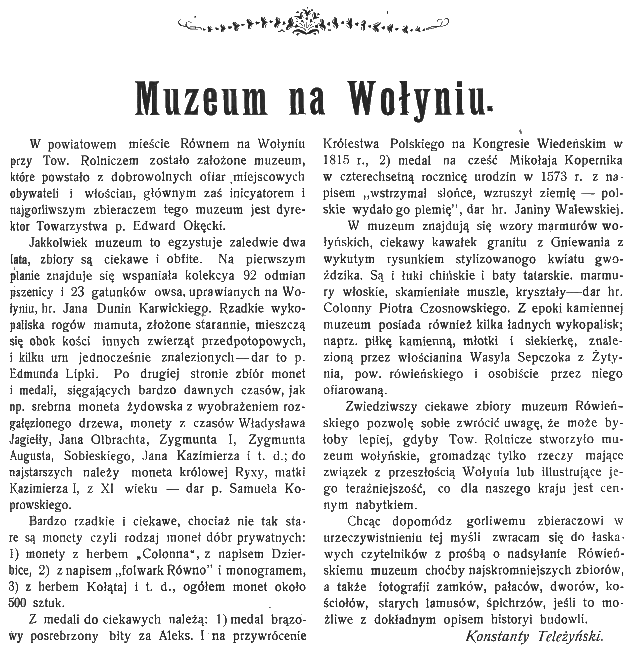 Сторінка з випуску 'Ziemia. Tygodnik Krajoznawczy Ilustrowany' 1910 року, що описує музей у Рівному на Волині. Згадуються колекції пшениці, вівса, кісток мамонтів та монет польських королів.