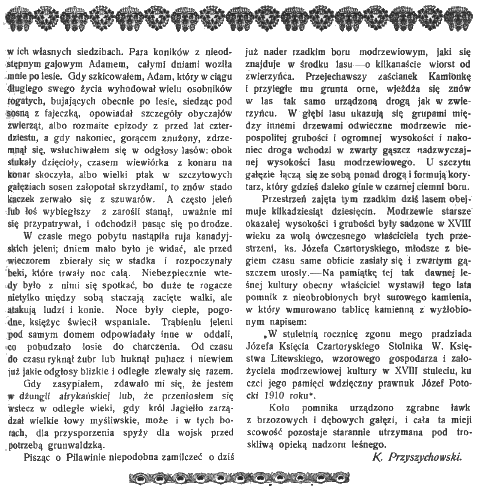 Сторінка з ілюстрованого тижневика 'Ziemia' 1910 року, зі статтею про маєток Пілавін. Текст описує подорож до Пілавіна, мисливський будинок, парк та звіринець. Сторінку обрамляють декоративні елементи.