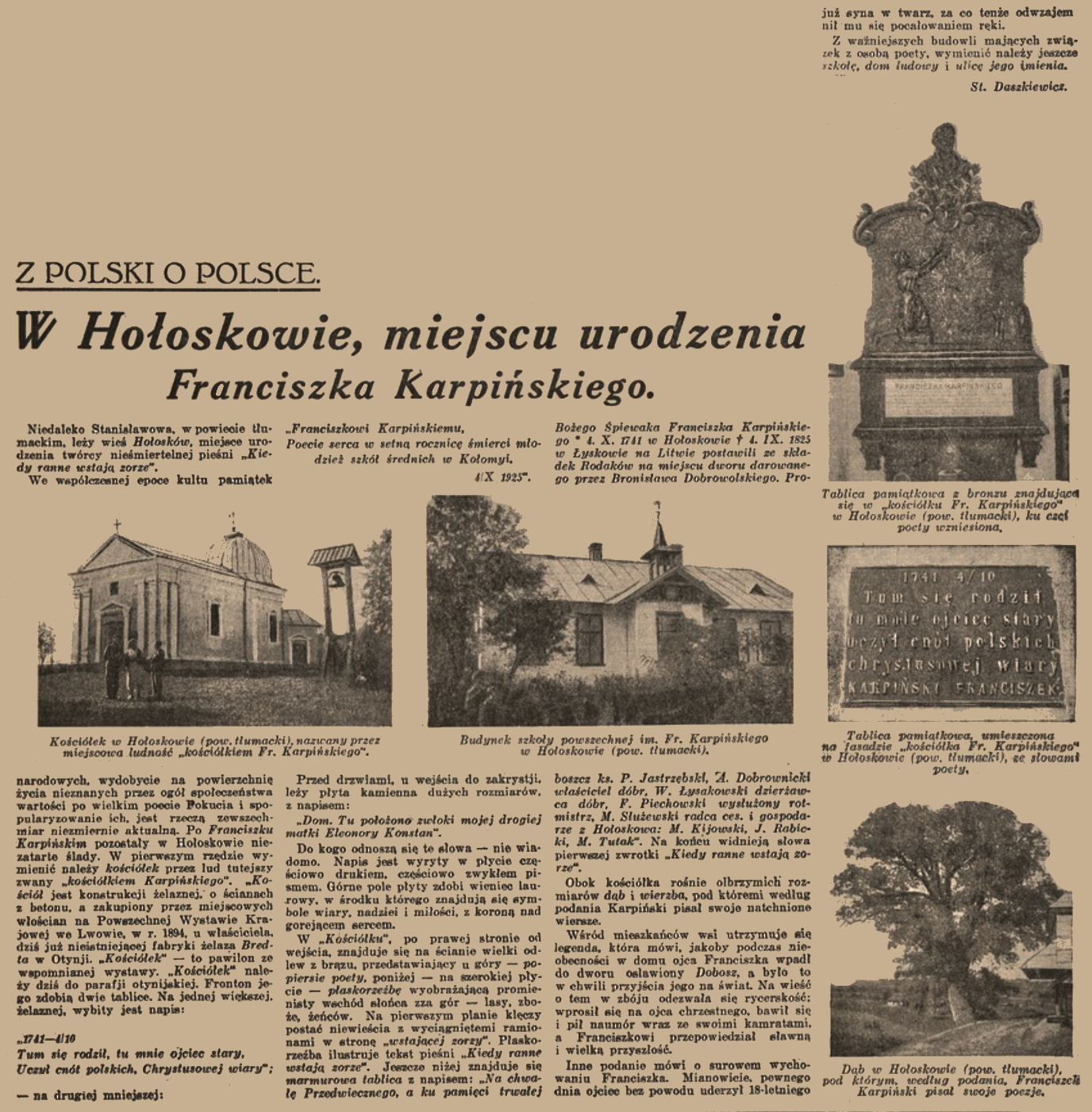 Newspaper article titled 'In Hołosków, birthplace of Franciszek Karpiński' with images of a church, a school named after Karpiński, a commemorative plaque, and an oak tree planted in his honor.