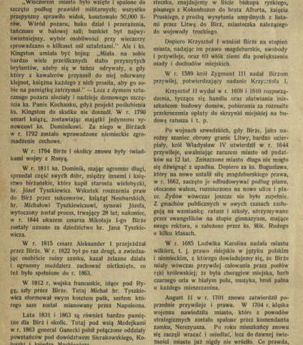 Strona z publikacji z 1911 roku zatytułowanej 'Birże' z tekstem opisującym historię i obecny stan litewskiego miasta Birże, zawierającym odniesienia do postaci i wydarzeń historycznych.