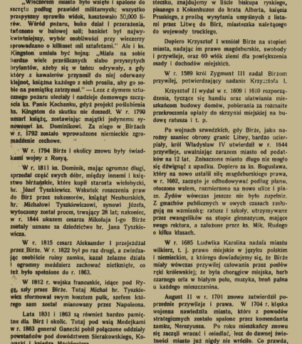 Strona z publikacji z 1911 roku zatytułowanej 'Birże' z tekstem opisującym historię i obecny stan litewskiego miasta Birże, zawierającym odniesienia do postaci i wydarzeń historycznych.