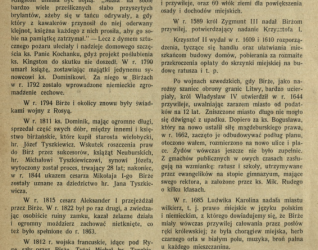 Strona z publikacji z 1911 roku zatytułowanej 'Birże' z tekstem opisującym historię i obecny stan litewskiego miasta Birże, zawierającym odniesienia do postaci i wydarzeń historycznych.