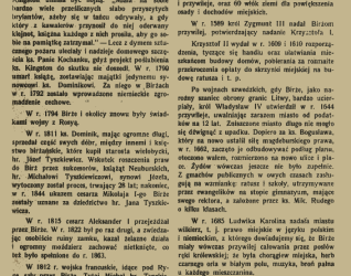 Strona z publikacji z 1911 roku zatytułowanej 'Birże' z tekstem opisującym historię i obecny stan litewskiego miasta Birże, zawierającym odniesienia do postaci i wydarzeń historycznych.