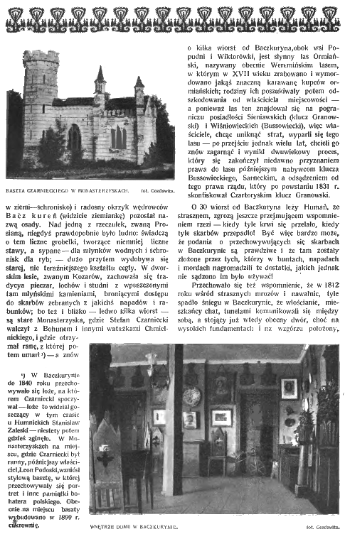 A historical illustration showing Czarniecki's bastion in Monastyryska, with a stone structure surrounded by trees. Below, two photographs depict the interior of a manor in Baczkuryn, featuring period furniture and decor.
