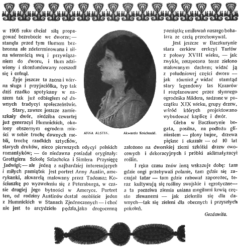 Page from a 1912 illustrated weekly featuring an article about Baczkuryn. Includes a portrait of Anna Austin, decorative elements, and text discussing the history of the Humnicki family estate.