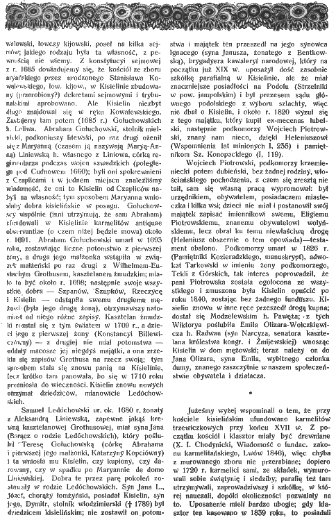 Сторінка з випуску журналу 'Ziemia' 1912 року з текстом про Киселин, його історичних власників та киселинську церкву. Текст польською мовою, обговорюються такі теми, як родина Чаплицьких-Шпановських та кармелітський монастир.