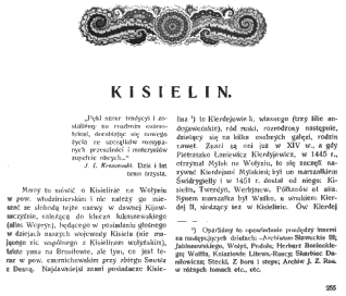 Strona z ilustrowanego tygodnika z 1912 roku z artykułem o Kisielinie na Wołyniu. Strona zawiera dekoracyjne obramowania, tekst w języku polskim i tytuł 'Kisielin' na dole.