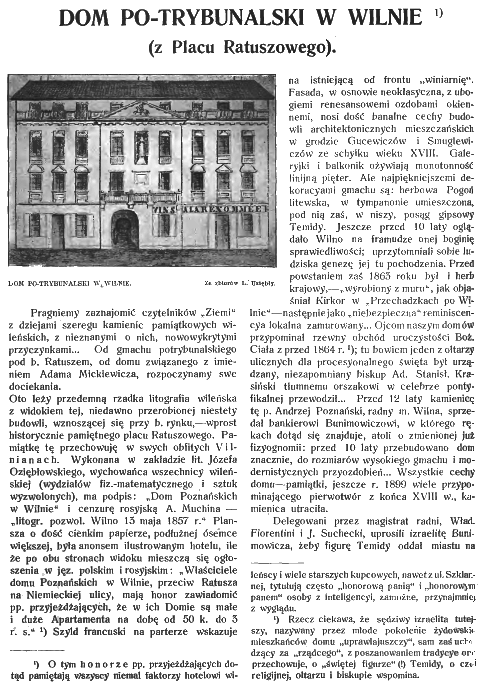 Lithograph of the post-tribunal house in Vilnius from 1912, showing a neoclassical facade with columns and decorative elements. The text describes the building's history and connection to Adam Mickiewicz.