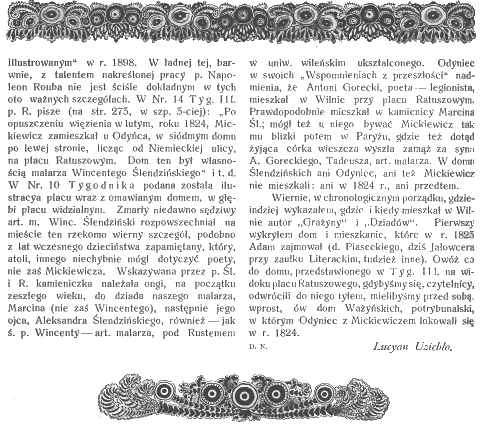 Illustration of a historical text page from 1912, discussing the Potrybunalski House in Vilnius. The text mentions Adam Mickiewicz, Andrzej Poznański, and the building's history, including its ownership by A. Skarbek-Ważyński.