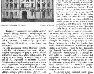 Litografia domu po-trybunalskiego w Wilnie z 1912 roku, ukazująca neoklasycystyczną fasadę z kolumnami i elementami dekoracyjnymi. Tekst opisuje historię budynku i jego związek z Adamem Mickiewiczem.