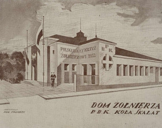 Rysunek architektoniczny Domu Żołnierza Polskiego Białego Krzyża w Skałacie, 1932. Budynek z emblematem krzyża i flagami, przy wejściu stoją dwaj żołnierze.