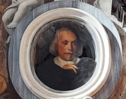 Owalny portret Giovanniego Battisty Gisleniego w niszy w kształcie muszli, namalowany farbą olejną na łupku, część jego nagrobka w Santa Maria del Popolo w Rzymie. Portret rzuca cień, tworząc efekt trójwymiarowy.