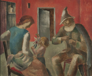 Obraz przedstawiający scenę rodzinną z kobietą, dzieckiem i starszym mężczyzną w pokoju o czerwonych ścianach. Kobieta i dziecko bawią się kukiełką, a mężczyzna w spiczastym kapeluszu pracuje nad kolejną kukiełką.