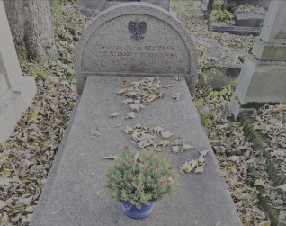 Nagrobek Jerzego Scheuera z półkolistą stelą z herbem Orła Białego z brązu. Widoczna inskrypcja. Na płycie leżą liście, na pierwszym planie roślina w doniczce.